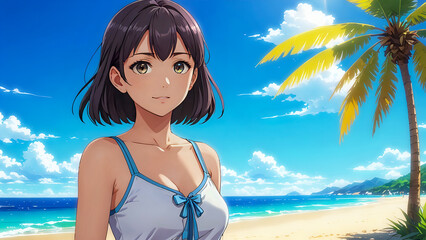 Anime vacation moment – Girl in beachwear by the sea