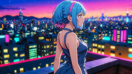 Cyberpunk anime girl – Neon cityscape portrait with futuristic vibes