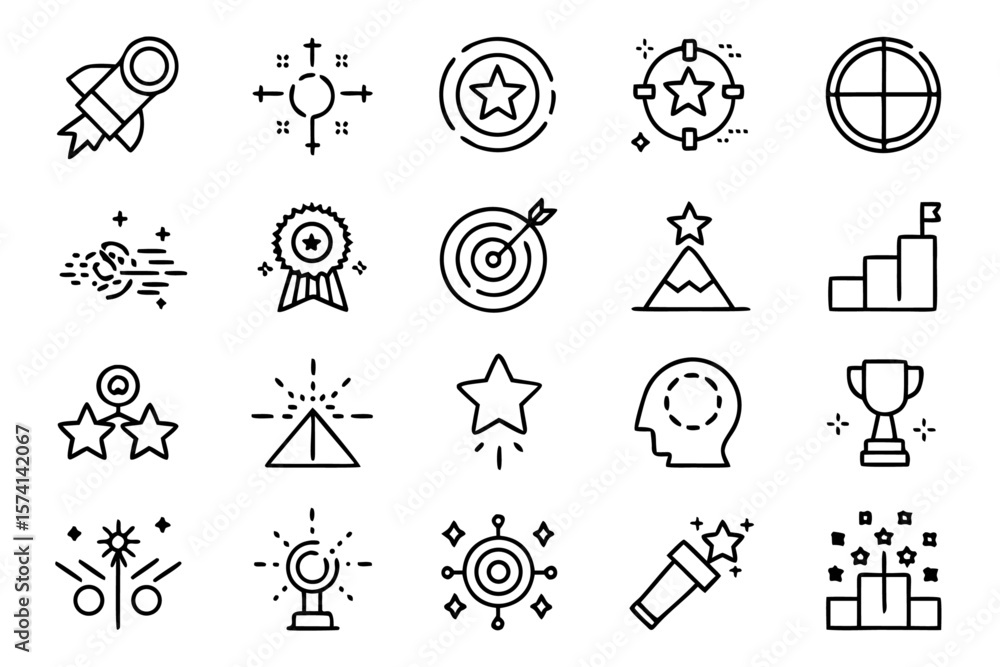 Poster comprehensive collection of thin linear icons representing various challenges and tasks presented in