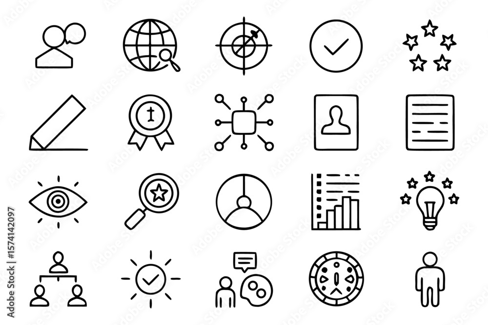 Poster comprehensive collection of thin line graphics representing various challenges presented in a clean 