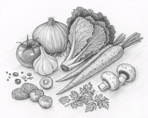  is a black and white pencil drawing of various vegetables and ingredients, including a tomato, garlic, onion, carrot, mushrooms, and parsley, arranged on a surface.