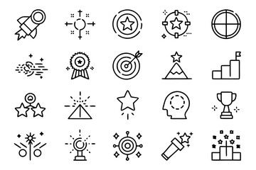 Comprehensive collection of thin linear icons representing various challenges and tasks presented in a clean and modern design with a palette of black yellow cyan and magenta for versatile application