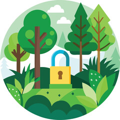Forest with Lock Symbol Protect Nature Vector Scene