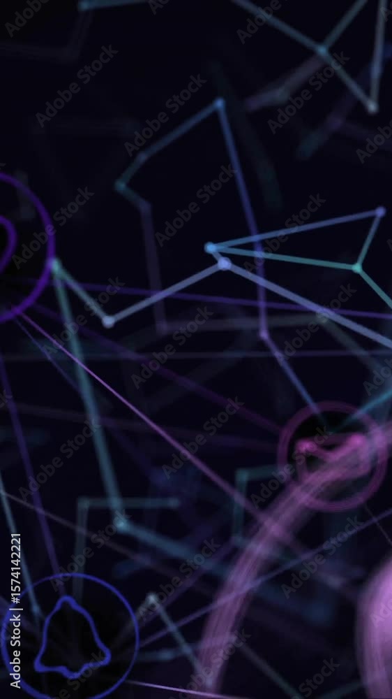 Poster animation of network of connections with icons on black background