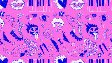 Punk scribble doodle pattern with chaotic hand-drawn elements and raw textures