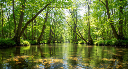 Fototapeta premium Crystal Clear River Flowing Through a Bright Forest in Spring