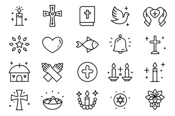 Fototapeta premium Collection of spiritual symbols and figures representing christian faith including a depiction of jesus presented in a clean modern line art style for diverse applications