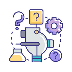 Scientific Research and Questioning Concept: Robot Brain, Gear, Flask, and Question Marks