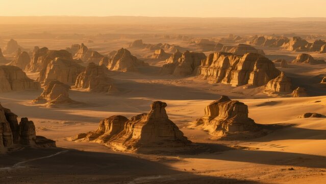 A stunning desert landscape featuring unique yardang rock formations basked in the warm golden light of a beautiful sunset.