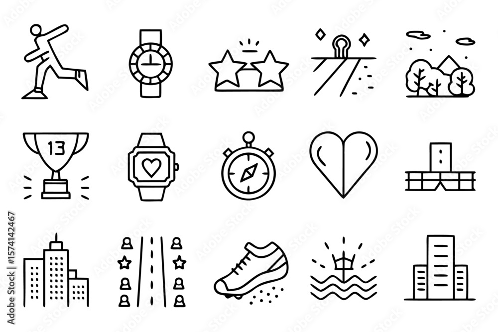 Poster collection of twelve distinct urban movement graphics featuring athletic figures and cityscape eleme