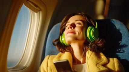 Relaxed Young Woman with Headphones Enjoying Music on Airplane Seat
