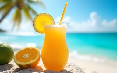 refreshing tropical fruit juice drink at summer seashore. High quality