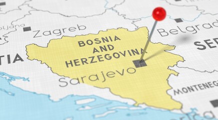 Obraz premium Bosnia and Herzegovina, Sarajevo - push pin on political map - 3D illustration