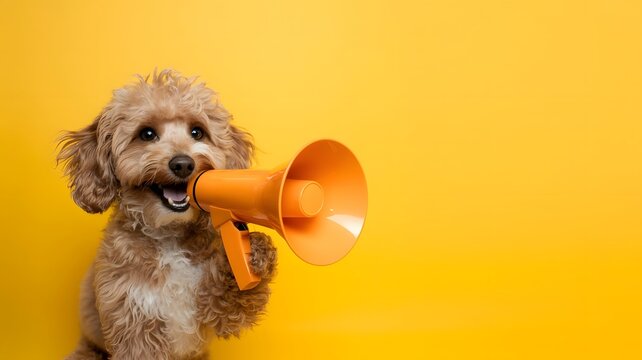 Cute fluffy dog holding an orange megaphone announcing something on yellow background - Powered by Adobe