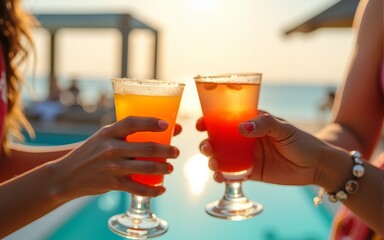 A photo of a close-up of hands toasting with summer cocktails at a poolside party/ beach, with a sunlit, refreshing background. High quality