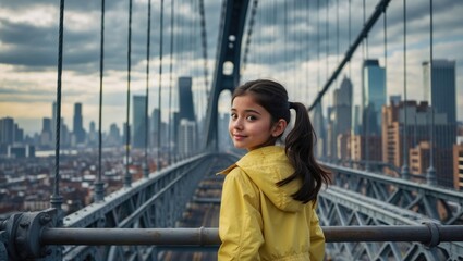 A curious young girl in a yellow raincoat looks back on a city bridge with a towering skyline in the background, symbolizing urban exploration and childhood wonder