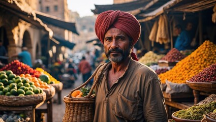 A man with a red turban and a wicker basket filled with oranges stands amidst vibrant fruit stalls in a bustling traditional market, reflecting cultural authenticity