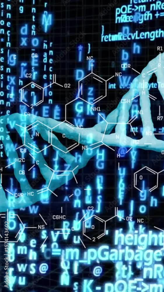Poster animation of dna strands and data processing over chemical formula