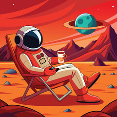 Astronaut relaxing with drink on alien planet spacesuit