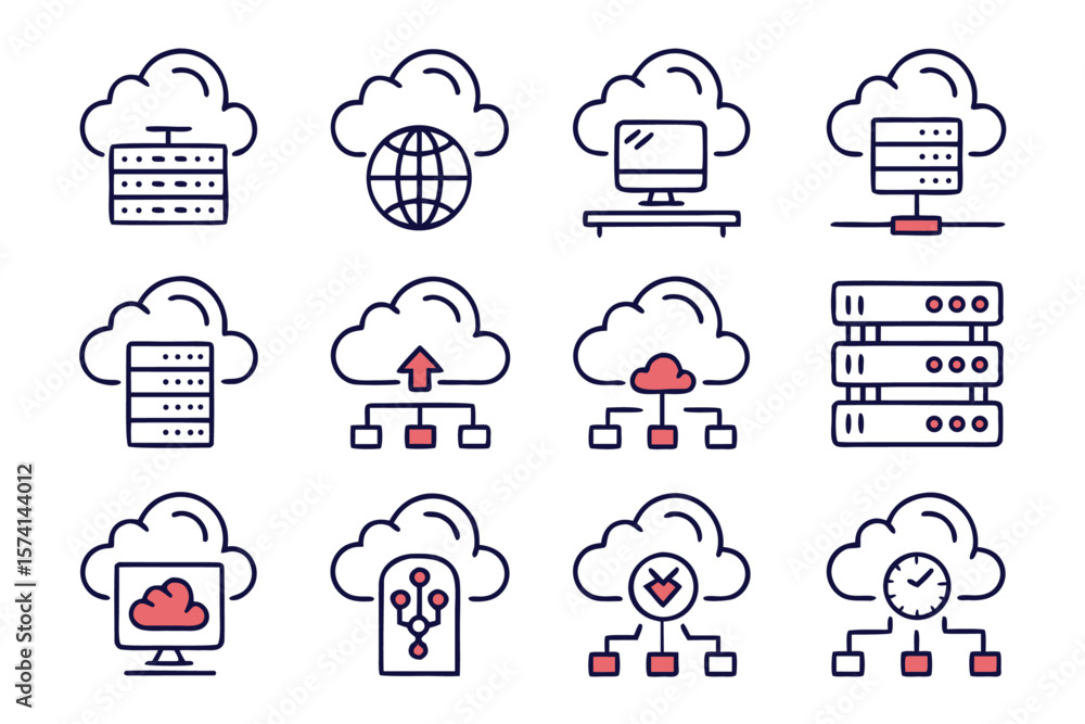 Aufkleber a collection of modern graphic symbols representing cloud storage data management and digital inform