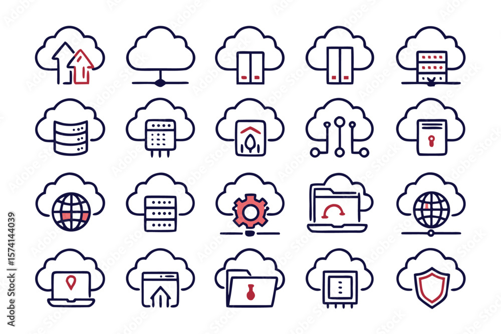 Poster collection of abstract symbols representing cloud computing data storage and digital information exc