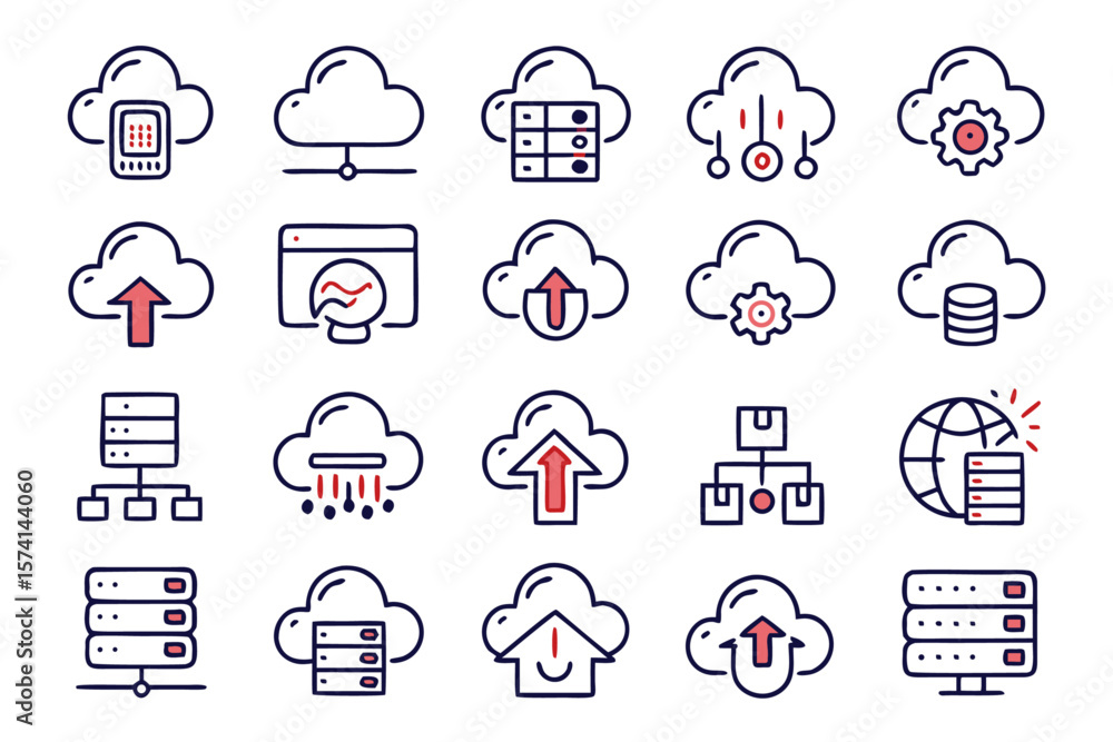 Poster collection of digital data storage and cloud computing symbols featuring abstract representations of