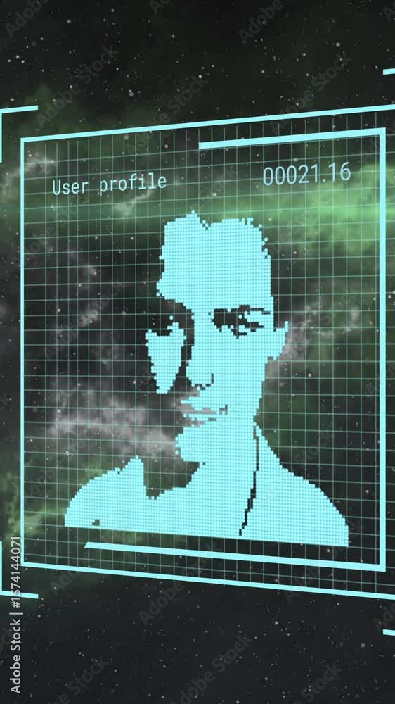 Poster animation of data processing and people icons over space