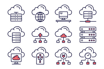 A collection of modern graphic symbols representing cloud storage data management and digital information transfer presented in a professional color palette for tech focused applications