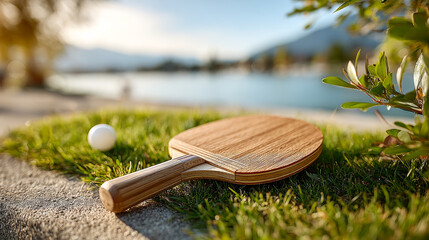 Paddle on grass by lake. A wooden ping pong paddle and ball sit on green grass by a lake, with mountains at sunset in the background.