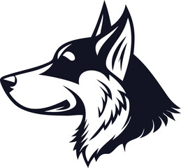 a dog head silhouette,high-contrast black and white,detailed fur texture,digital art,vector illustration
