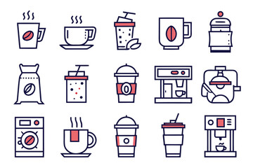 Collection of stylized line art symbols representing hot and cold beverages including coffee and tea perfect for menus or digital applications