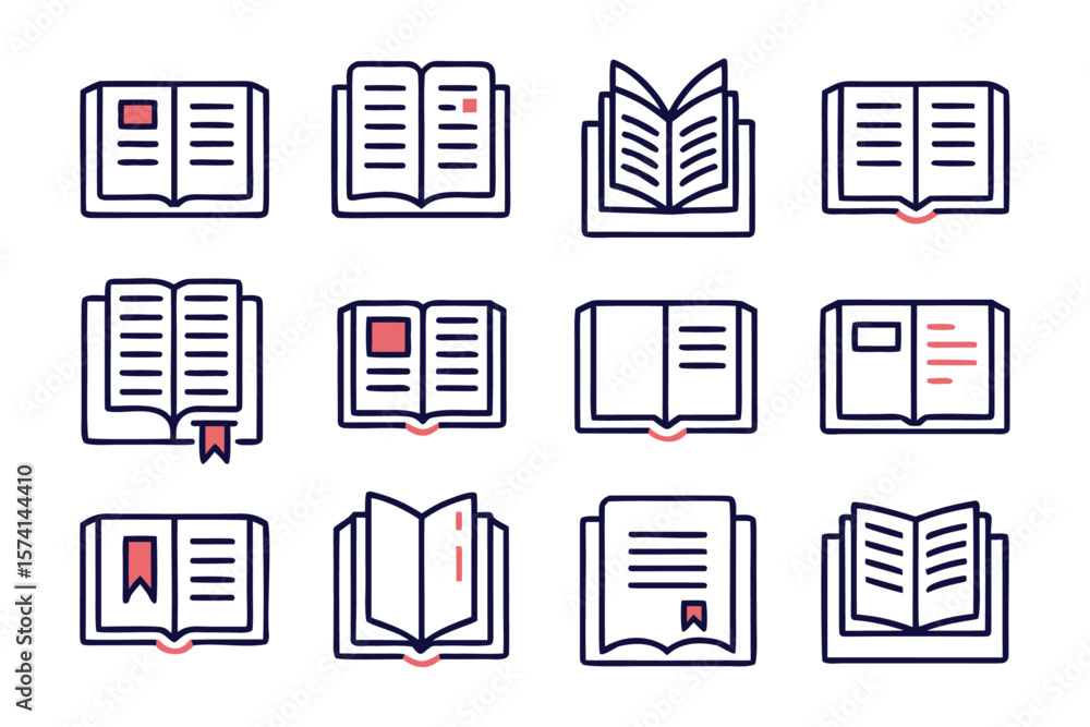 Poster diverse assortment of open books displayed in various sizes and vibrant colors showcasing a collecti