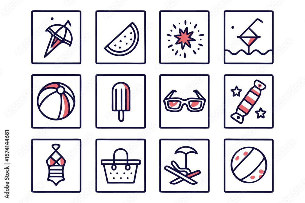 Poster vibrant collection of summer activity symbols in a spectrum of colors perfect for creating engaging 