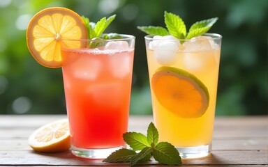 two refreshing summer drinks in glasses with ice garnished with citrus and mint. High quality