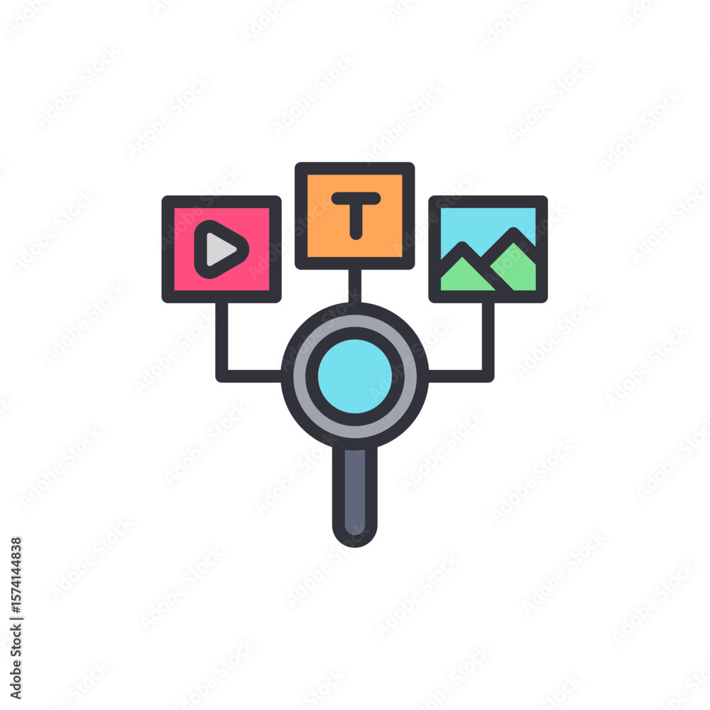 Poster searching for media content with magnifying glass and different file types