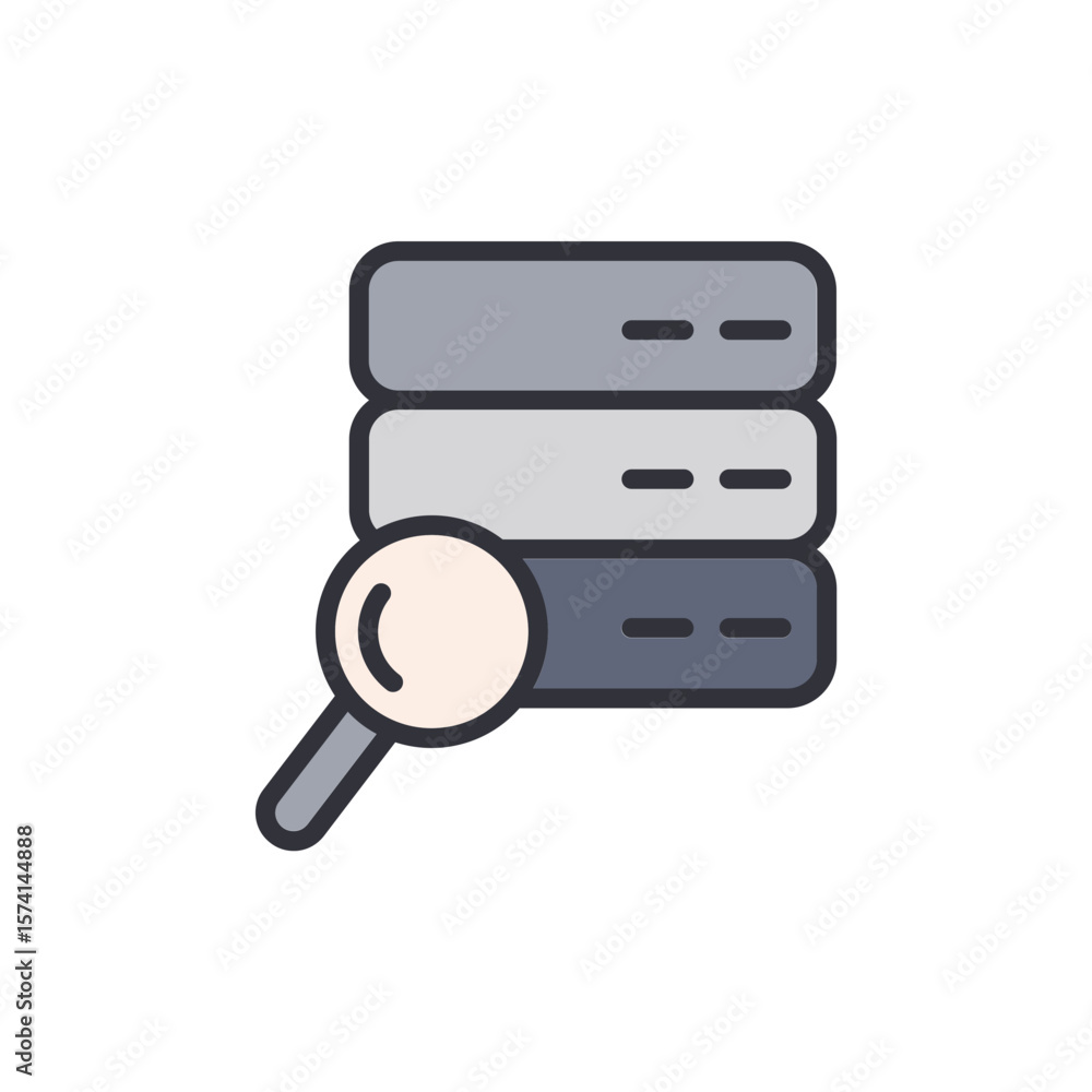 Poster data analysis with magnifying glass on storage system icon