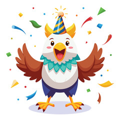 Cartoon bald eagle celebrating with confetti celebration