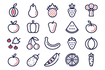 A vibrant assortment of fresh produce featuring a diverse collection of colorful fruits and vegetables presented in a cohesive graphic set perfect for culinary or health related designs