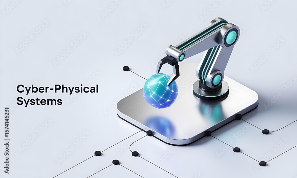 Poster robotic arm manipulates a sphere in a futuristic setting, illustrating a cyber-physical system and t