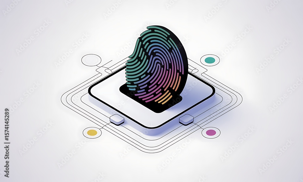 Poster biometric fingerprint identifies data security in a futuristic scene, suggesting identity verificati