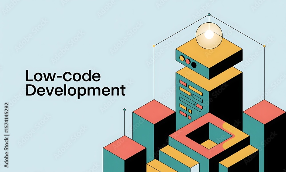 Poster Low-code development visualizes software creation in a modern illustration, emphasizing ease of use with copy space and technical design for innovative technology.