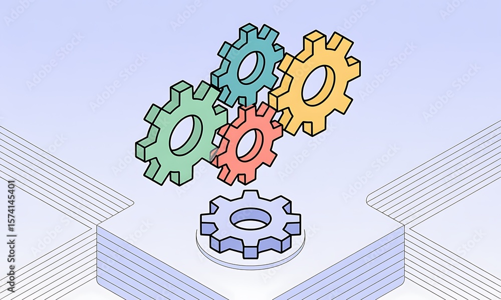 Poster gears interlock in a mechanical process, representing teamwork concept with copy space
