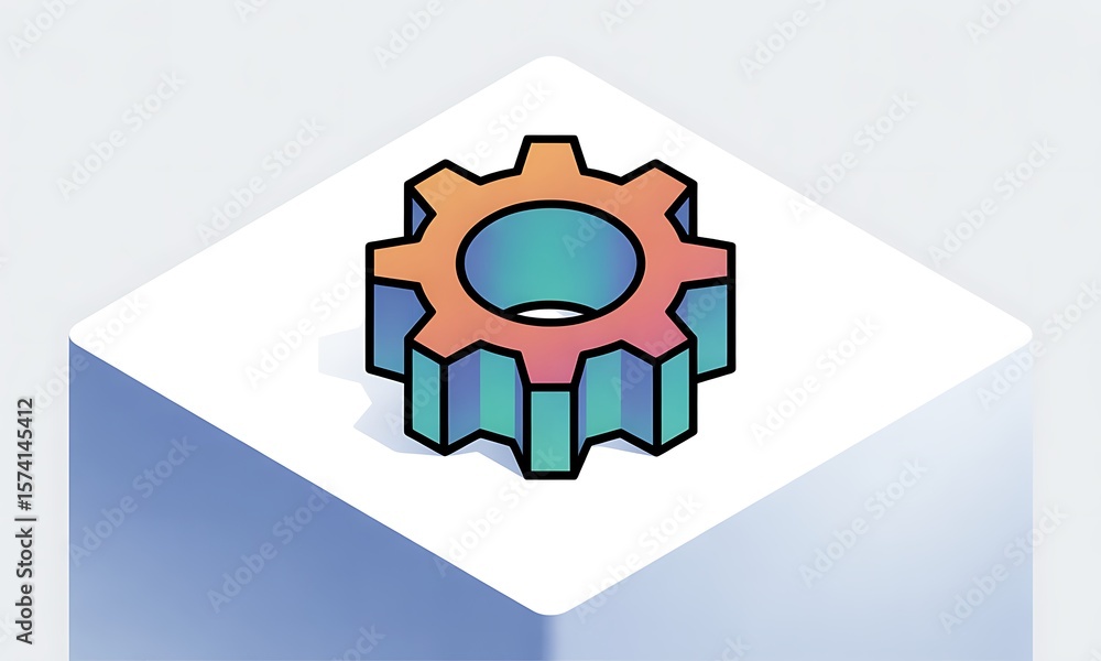 Poster gear renders on a platform, symbolizing engineering, in a minimalist style, showing a technological 