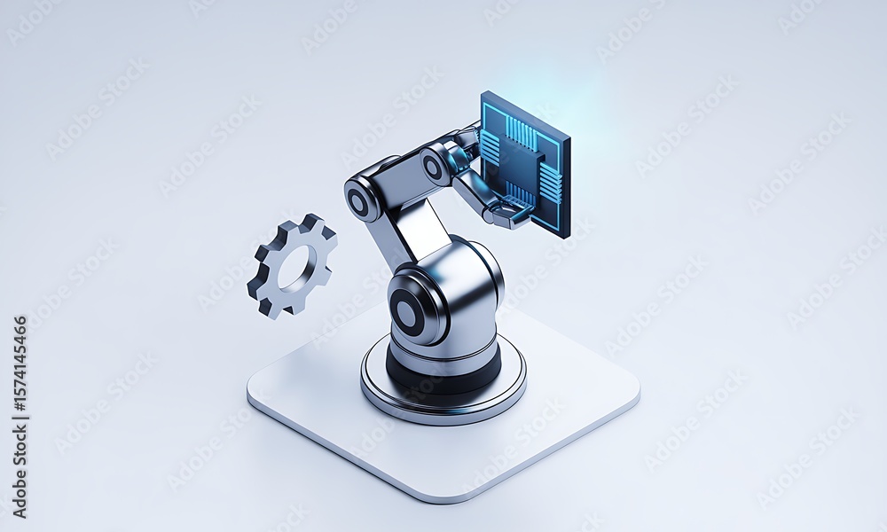 Poster robotic arm operates a digital interface in a clean studio environment, representing automation and 