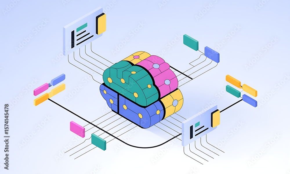 Poster isometric brain connects to data screens, illustrating information processing with neural network co