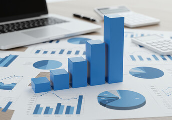 Blue bar graph showing growth on a desk with documents