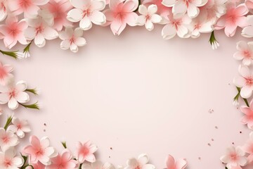 Fototapeta premium Soft pink cherry blossoms create a beautiful frame on a delicate pink background, offering a serene and elegant backdrop