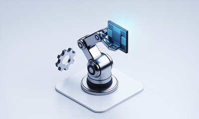 Robotic arm operates a digital interface in a clean studio environment, representing automation and innovation with a futuristic concept.