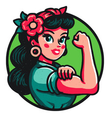 Retro Cartoon Woman Flexing Muscles with Green Background and Bold Colors