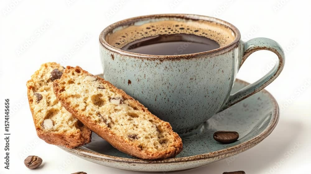 Poster a simple breakfast setup with a cup of coffee and two slices of bread on a saucer